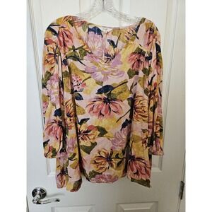 Terra & Sky Women's Pullover Floral 3/4 Sleeve BOHO V-Neck Blouse Top, Size 1X